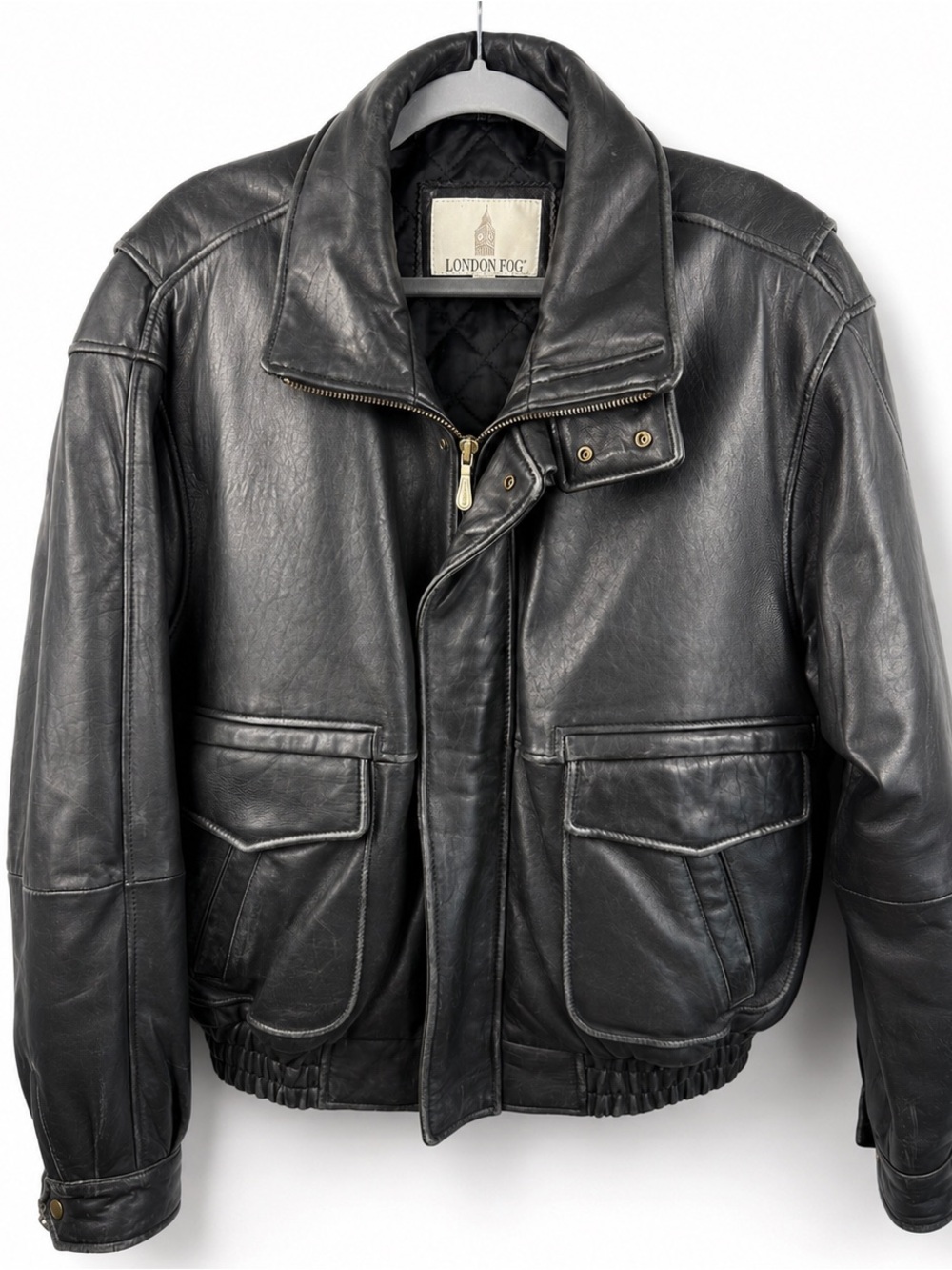 London Fog Men’s Large Black Leather Bomber Jacket